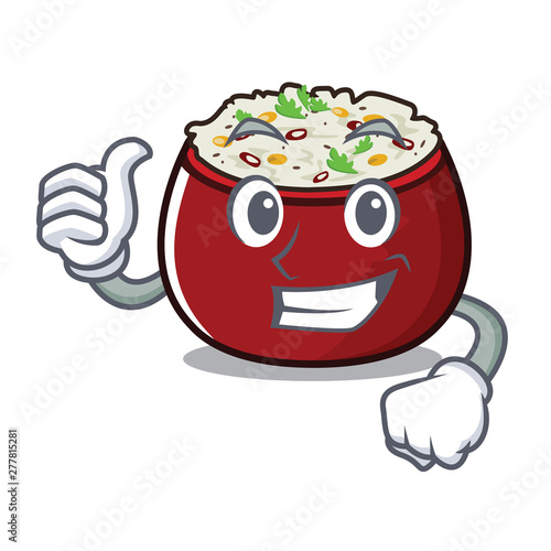 Thumbs up curd rice above wooden cartoon table