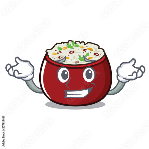 Grinning curd rice above wooden cartoon table