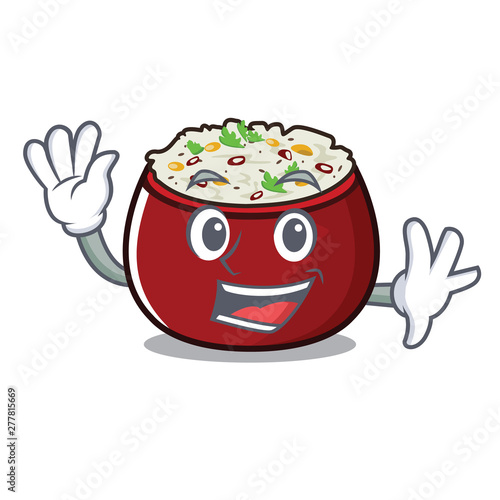 Waving curd rice above wooden cartoon table