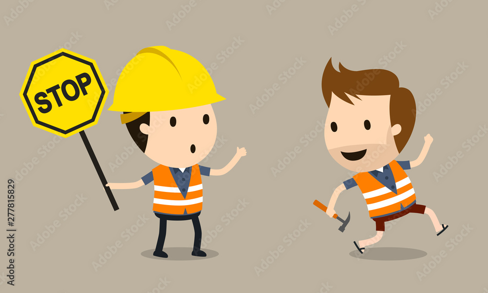 worker holding a stop sign and worker who runs without protection, Vector illustration, Safety and accident, Industrial safety cartoon worker holding a stop sign and worker who runs without protection, Vector illustration, Safety and accident, Industrial safety cartoon