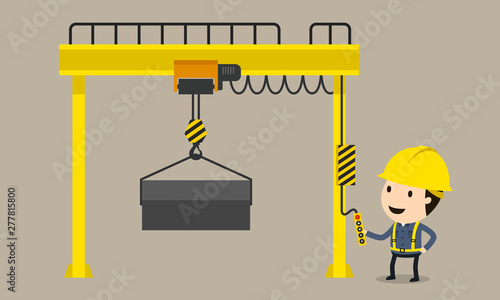 Worker operates a crane in an industrial plant, Vector illustration, Safety and accident, Industrial safety cartoon