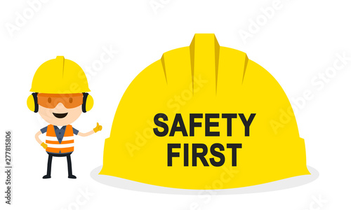 The worker is emphasizing safety first, Vector illustration, Safety and accident, Industrial safety cartoon