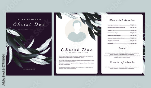 Botanical memorial and funeral invitation card template design, dark purple background decorated with black and white leaves