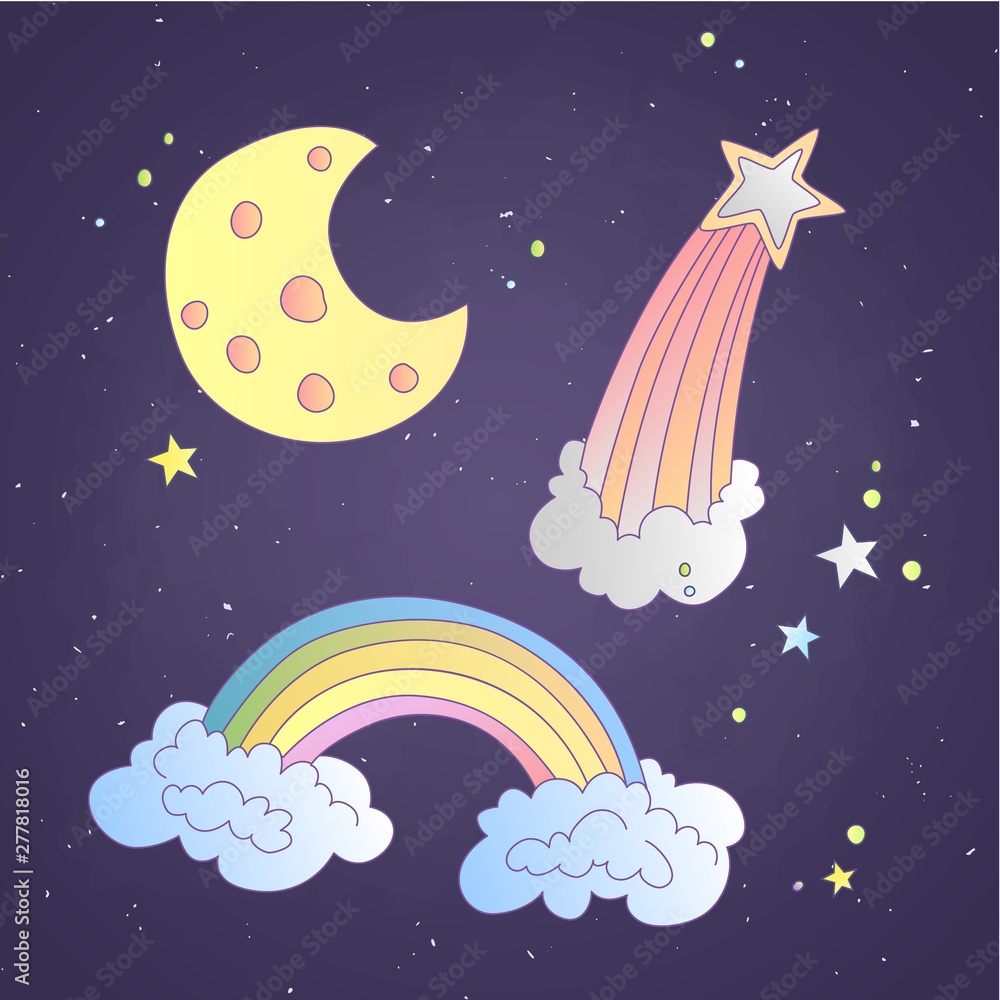 Cute cartoon sky and space icon, illustration. Moon, star and rainbow in clouds on dark background with stars. Cute cartoon sky and space icon, illustration. Moon, star and rainbow in clouds on dark background with stars.