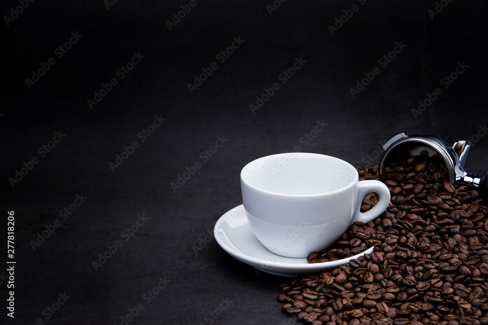 cup of coffee with beans and coffee machine on black background cup of coffee with beans and coffee machine on black background