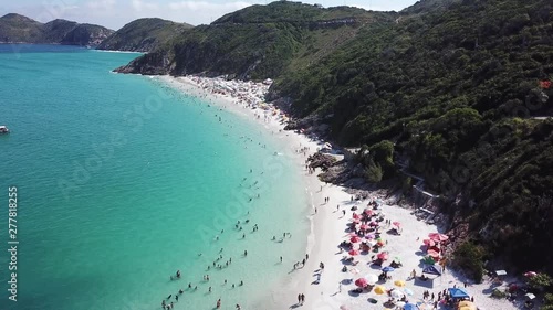 Drone view tropical beach Pontal do Atalaia, Arraial do Cabo, Rio de Janeiro. Rocky montains.
