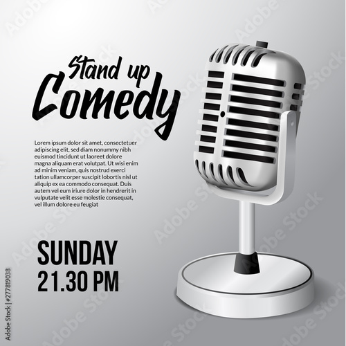 3D realistic standing vintage microphone illustration with white background for stand up comedy show