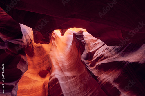 So beautiful angle view of wonderful sandstone pattern in famous Upper Antelope Canyon with sunshine day next to the well known town of Page at Lake Powell, Arizona, USA American Southwest