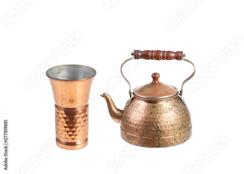 antique copper pot and cup isolated on white background