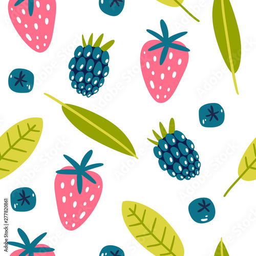 Berries mix seamless pattern. Blackberries, strawberries, blueberries. Vector illustration