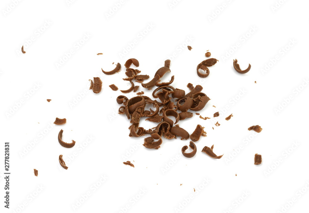 Obraz premium Grated chocolate. Heap of ground chocolate isolated on white background with clipping path, closeup.