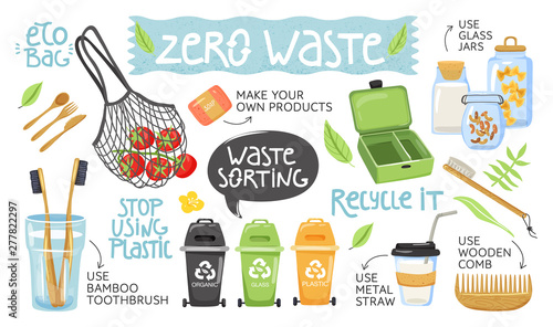 Zero waste concept. Set of various eco objects and lettering. Eco lifestyle. Vector illustration on white background.