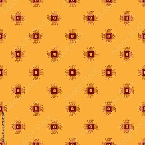 Red CPU mining farm icon isolated seamless pattern on brown background. Bitcoin sign inside processor. Cryptocurrency mining community. Digital money. Flat design. Vector Illustration