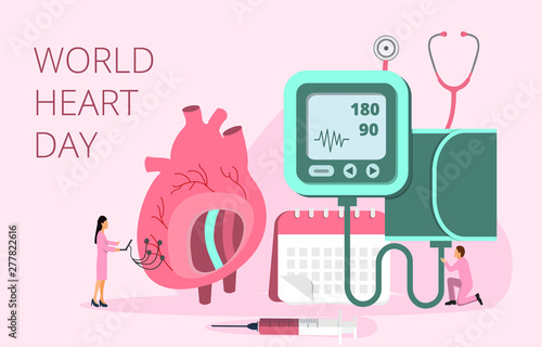 World Heart Day vector concept in 28 September, health care awareness. Tiny doctors treat, care heart. Health concept of hypotension and hypertension disease for landing page, flyer, web.