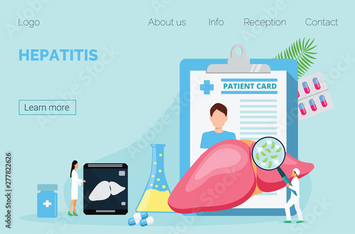 Concept of hepatitis A, B, C, D, cirrhosis. Tiny doctors treat the liver. Blue background vector for website and mobile website development, apps is presented.