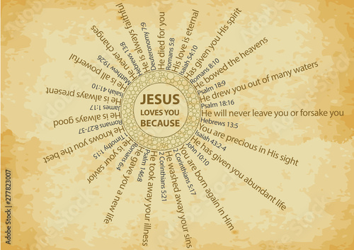 Christian background with multiple reasons why Jesus loves you, with bible verses, written on old paper texture 