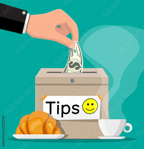 Tip box full of cash and cup of coffee with croissant. Thanks for the service. Money for servicing. Good feedback or donation. Gratuity concept. Vector illustration in flat style
