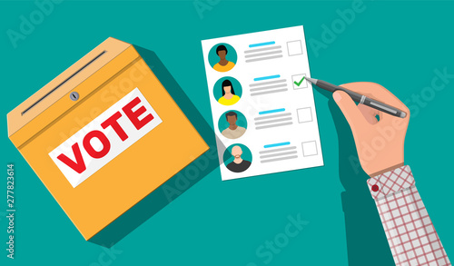 Ballot box, paper with candidates. Hand with pen and election bill. Vote document with faces. Vector illustration in flat style
