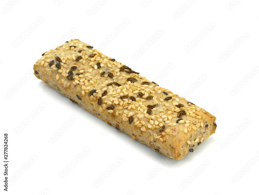 Breadsticks or grissini with sesame and linseed isolated on white background. Salt cracker isolated. Breadsticks or grissini with sesame and linseed isolated on white background. Salt cracker isolated.