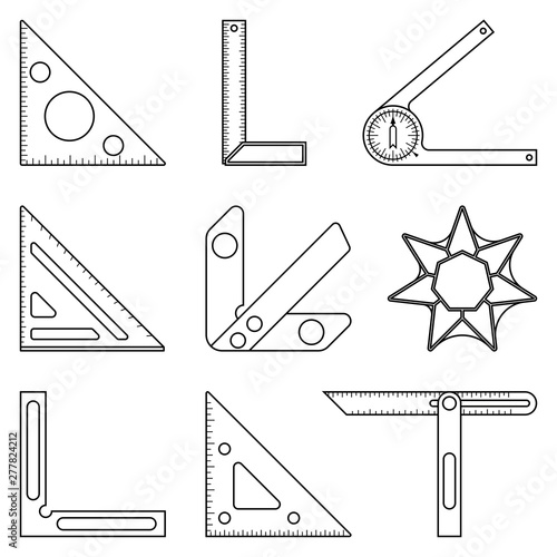 Set of measuring tools. Flat icons. Woodworking. Vector thin line