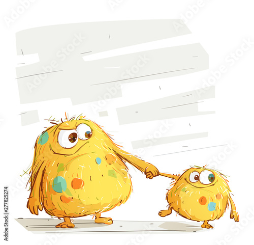 Monster mommy is holding her kid's hand.