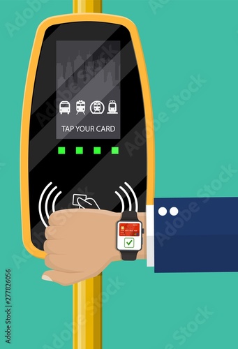 Hand with smartwatch and bank card near terminal. Airport, metro, bus, subway ticket validator. Wireless contactless cashless payments, rfid nfc. Vector illustration in flat style