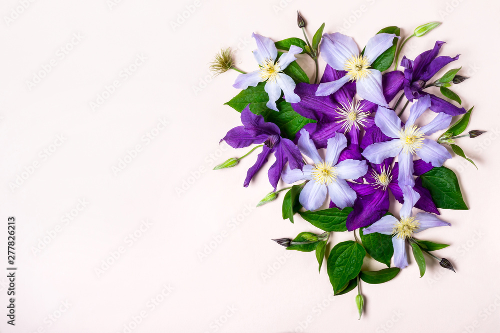 Creative layout made with Purple Flowers. Holiday greeting mockup Creative layout made with Purple Flowers. Holiday greeting mockup