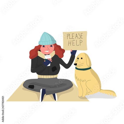 Homeless woman sitting on cardboard with a dog, holding paper cup to collect donations and cardboard with text please help
