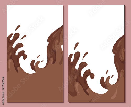 Set of vertical banners with sweet waves of chocolate. Cover with streams and drops of water. Vector template with choco splash illustration for articles, menu, voucher and your design.