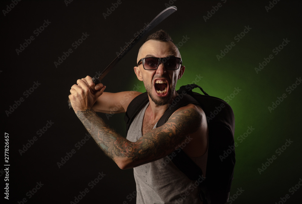 a man in a tank top with a machete, scream, emotions, a man in a tank top with a machete, scream, emotions,
