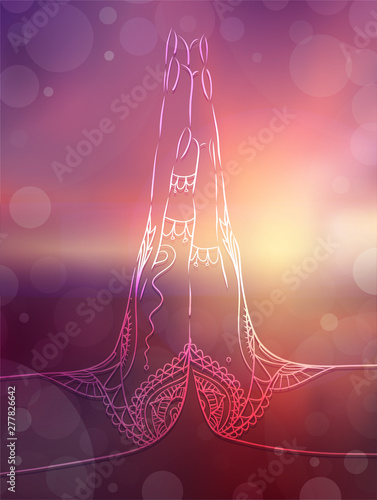 Indian hands in mehendi in yoga meditation gesture with lettering on blurred ocean landscape. Namaste mudra on sunset background. Calligraphy and peace. Vector card for your creativity