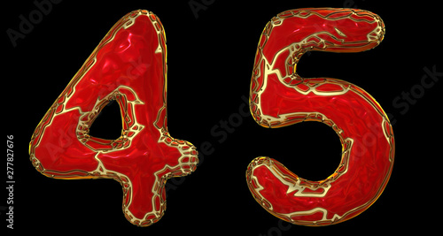 Number set 4, 5 made of realistic 3d render golden shining metallic. Collection of gold shining metallic with red color plastic symbol