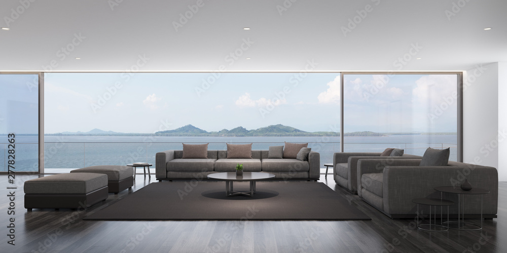 Perspective of modern luxury living room with grey sofa on sea view  background,Idea of family vacation - dark timber interior design,  architecture idea of large window system - 3D rendering. ilustración de
