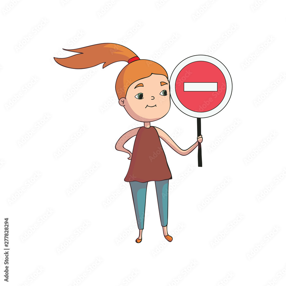 Girl holding a round red sign with white line. Vector illustration on white background. Girl holding a round red sign with white line. Vector illustration on white background.