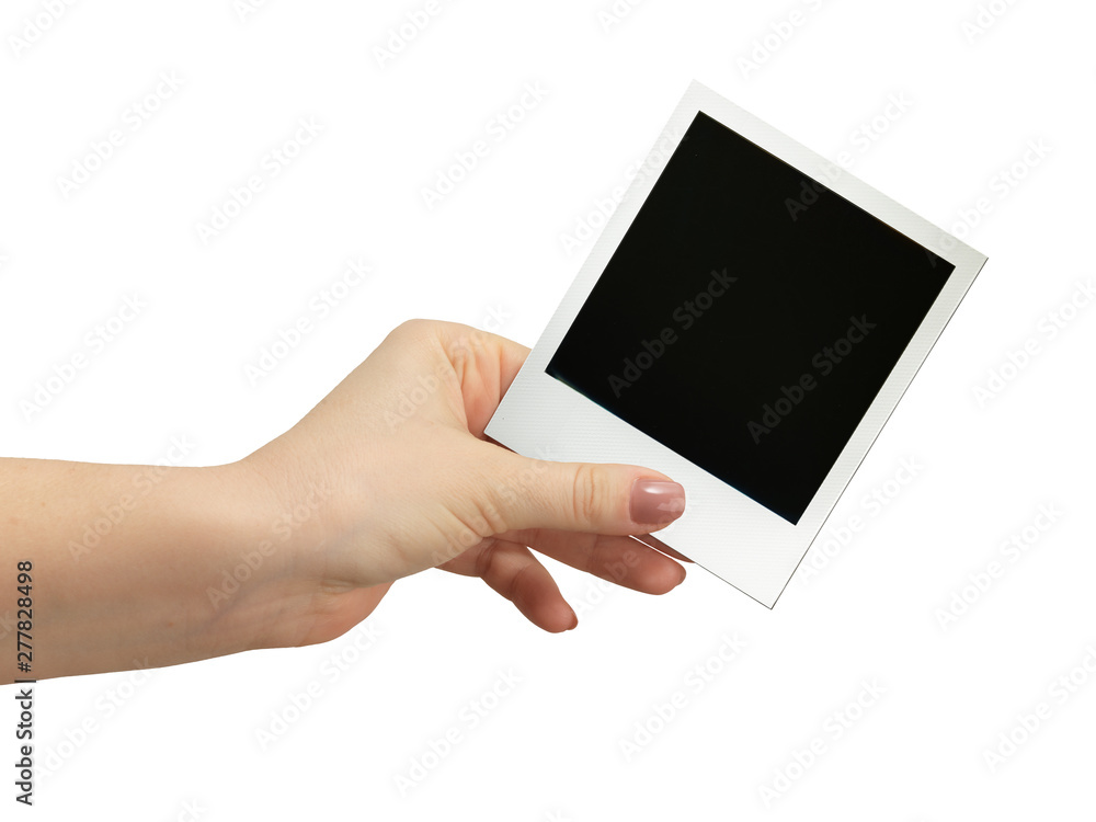 female hand holding polaroid frame on white background foto de Stock |  Adobe Stock