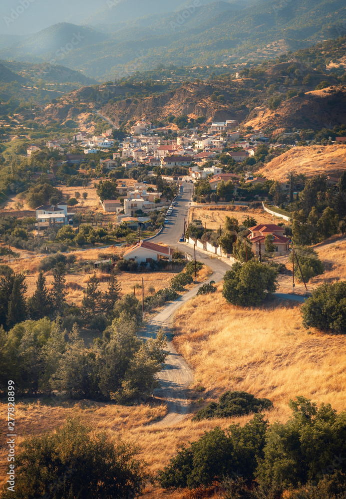 Traditional Cypriot landscape and village near Germasogeia dam in Limassol district, Cyprus 