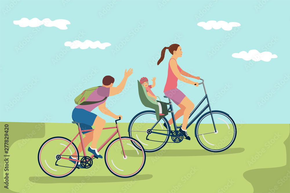 Naklejka premium Happy family riding bikes outdoors. Man and woman on bicycles and child in a helmet on a bike child seat.