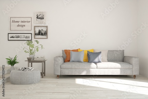 Stylish room in white color with sofa. Scandinavian interior design. 3D illustration