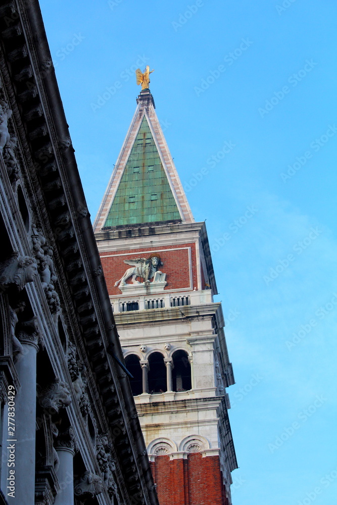 Venice, Italy, December 28, 2018 Bell tower of the Basilica of San Marco, detail