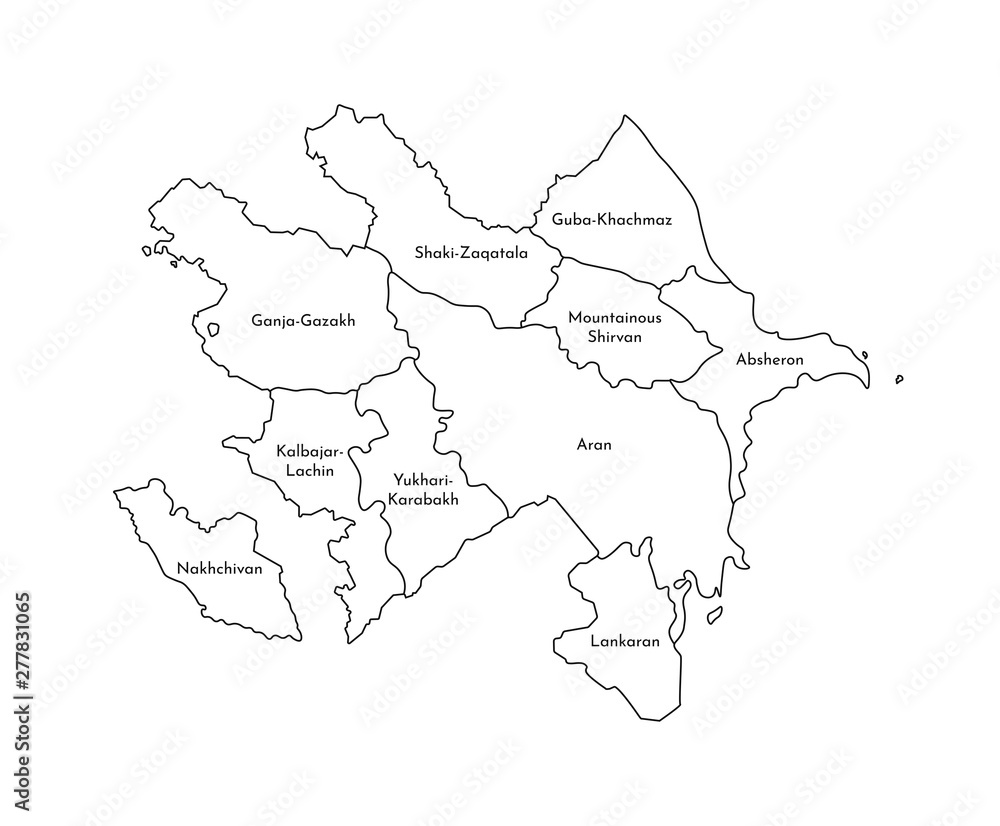 Obraz premium Vector isolated illustration of simplified administrative map of Azerbaijan. Borders and names of the regions. Black line silhouettes