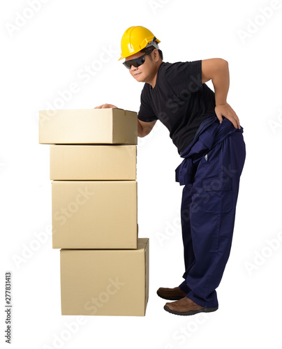 Delivery man lifting heavy weight boxes against having a backache © sirastock