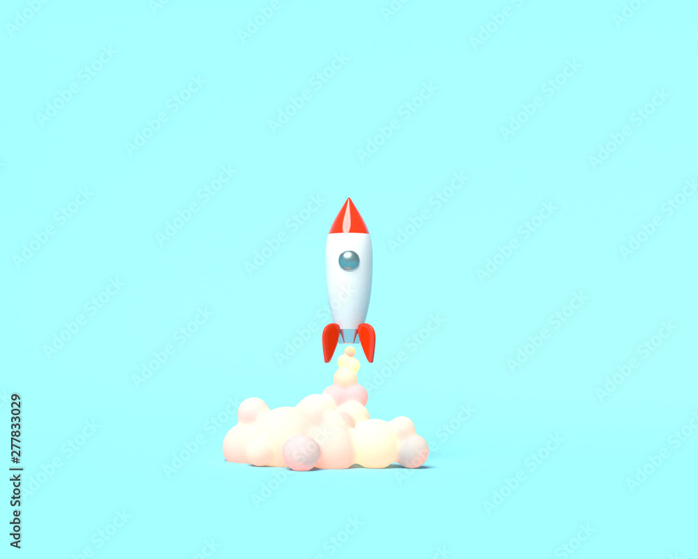Toy rocket takes off from the books spewing smoke on a blue background. Symbol of desire for education and knowledge. School illustration. 3D rendering. Toy rocket takes off from the books spewing smoke on a blue background. Symbol of desire for education and knowledge. School illustration. 3D rendering.