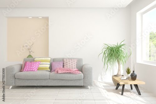 Stylish room in white color with sofa. Scandinavian interior design. 3D illustration