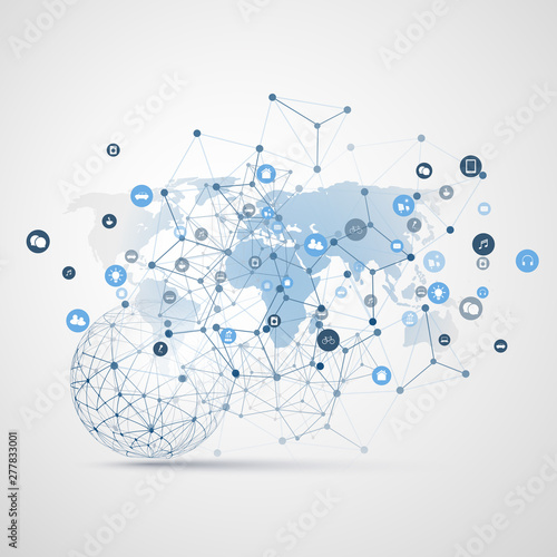 Internet of Things, Cloud Computing Design Concept with Wireframe, World Map and Icons - Global Digital Network Connections, Smart Technology Concept 