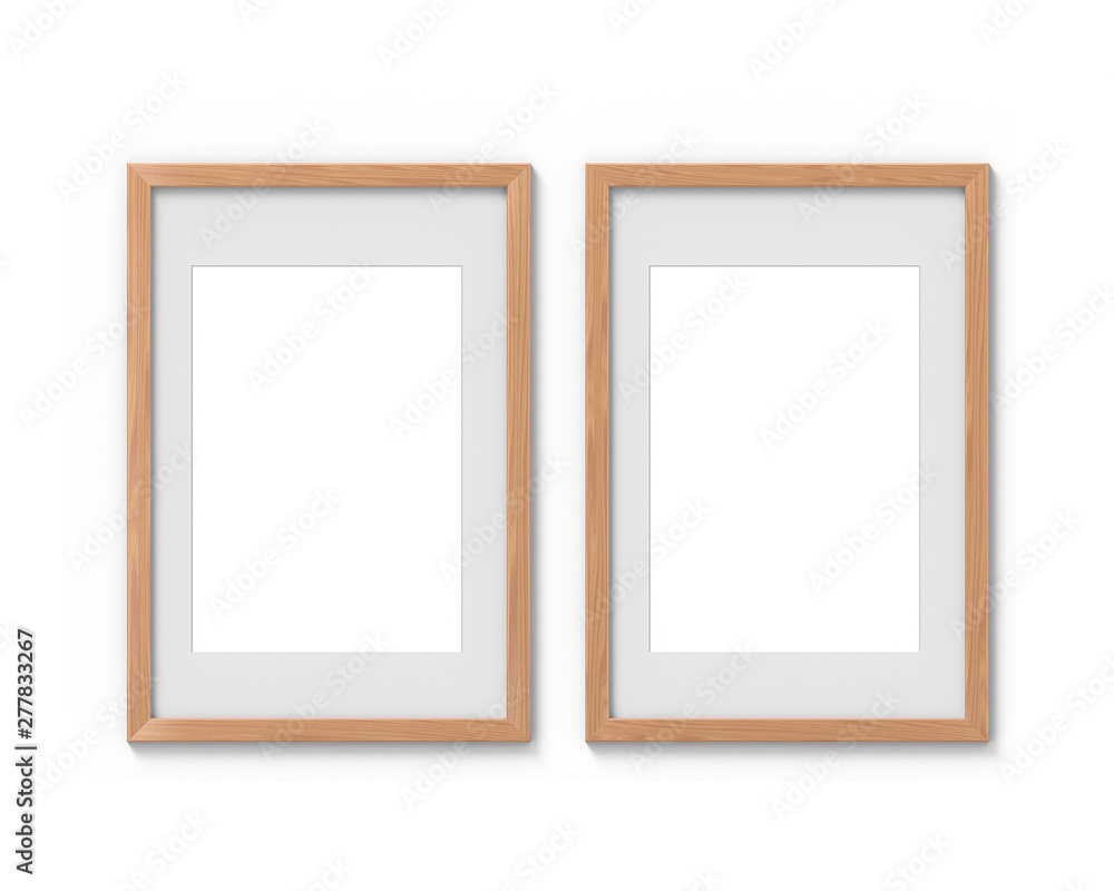 Set of 2 vertical wooden frames mockup with a border hanging on the wall. Empty base for picture or text. 3D rendering. Set of 2 vertical wooden frames mockup with a border hanging on the wall. Empty base for picture or text. 3D rendering.