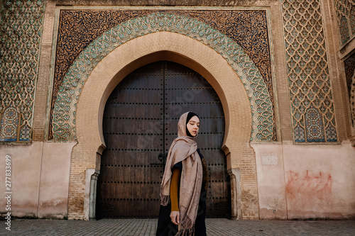 Tourist by authentic gate in Meknes, Morocco © kotelnyk