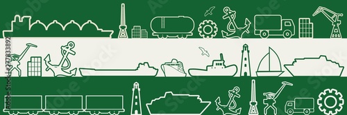 Freight vessels and other sea port symbols. Maritime transportation concept. Thin line icons. Flag of the Rotterdam