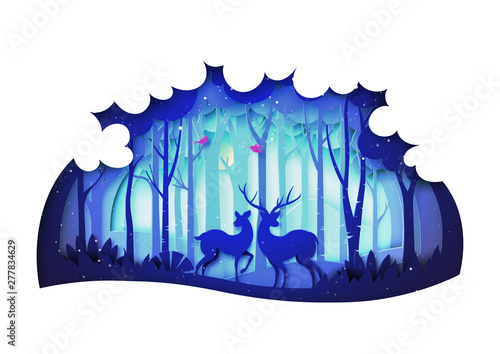 Winter season landscape and christmas day concept forest and deer wildlife on purple color background paper art style.Vector illustration.