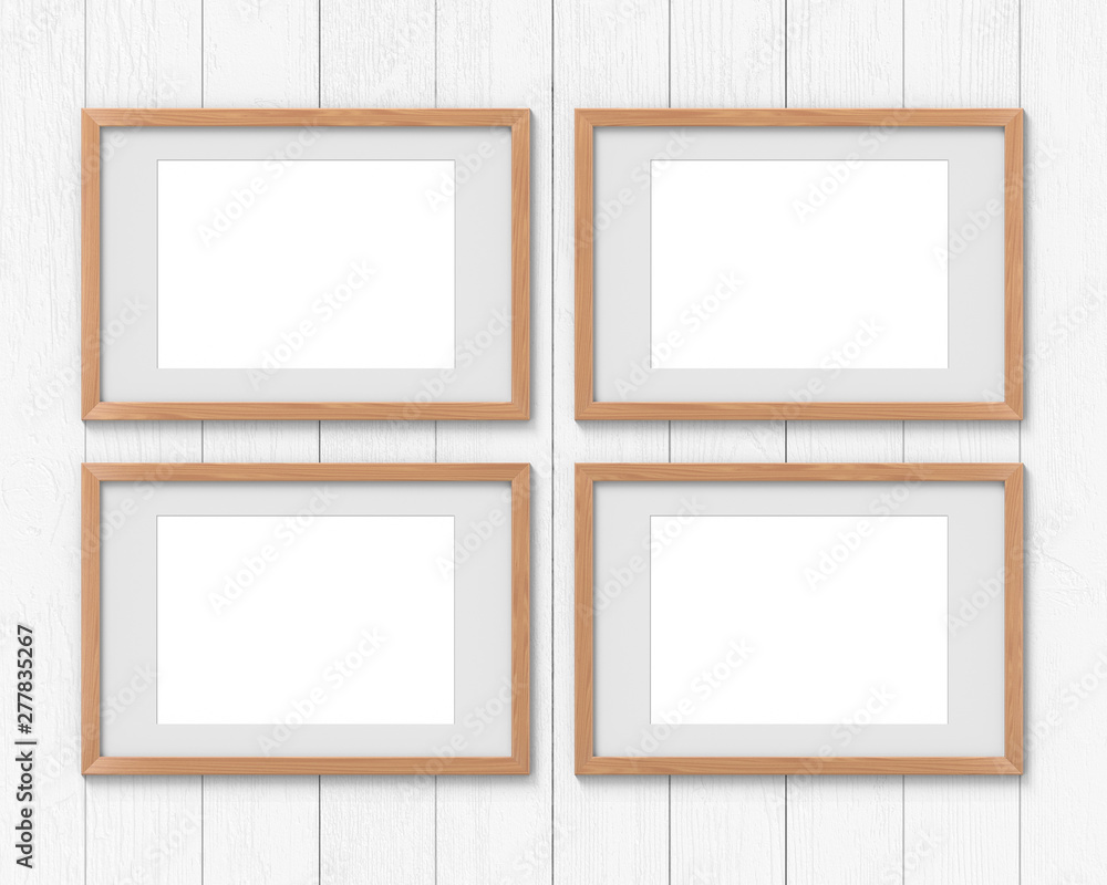 Set of 4 horizontal wooden frames mockup with a border hanging on the wall. Empty base for picture or text. 3D rendering. Set of 4 horizontal wooden frames mockup with a border hanging on the wall. Empty base for picture or text. 3D rendering.