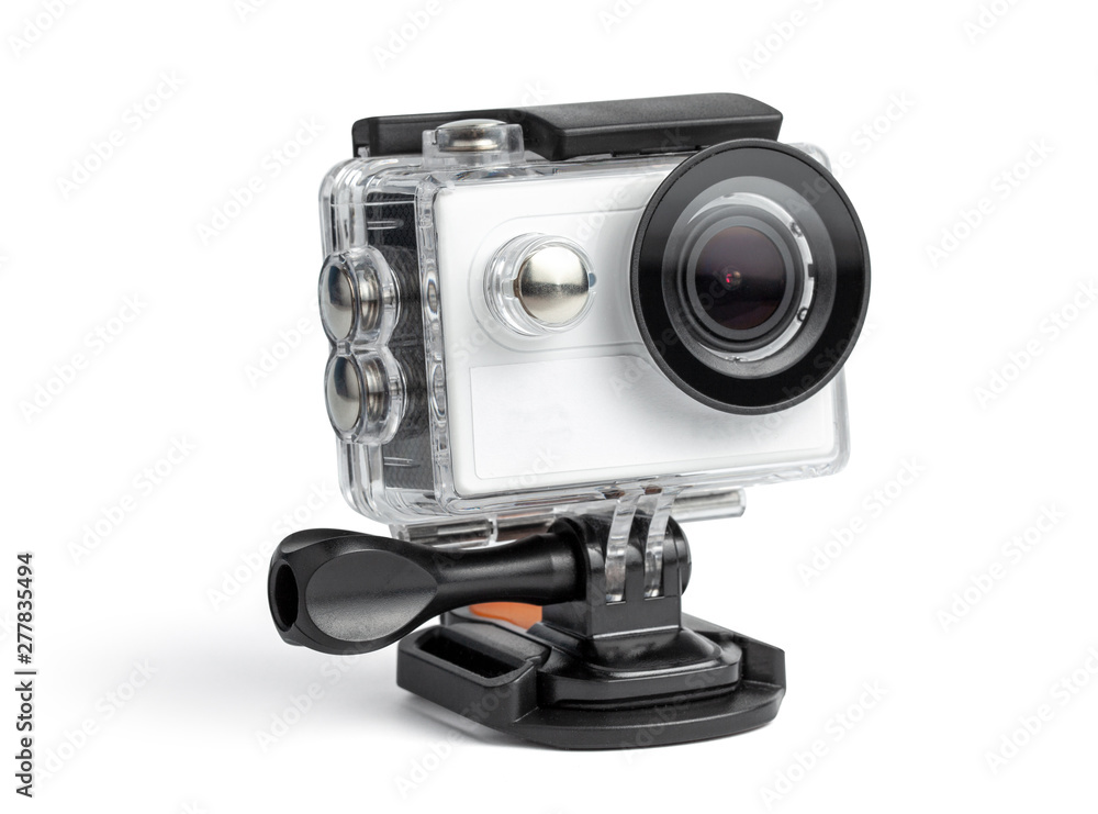 Action camera in a waterproof box isolated on white background